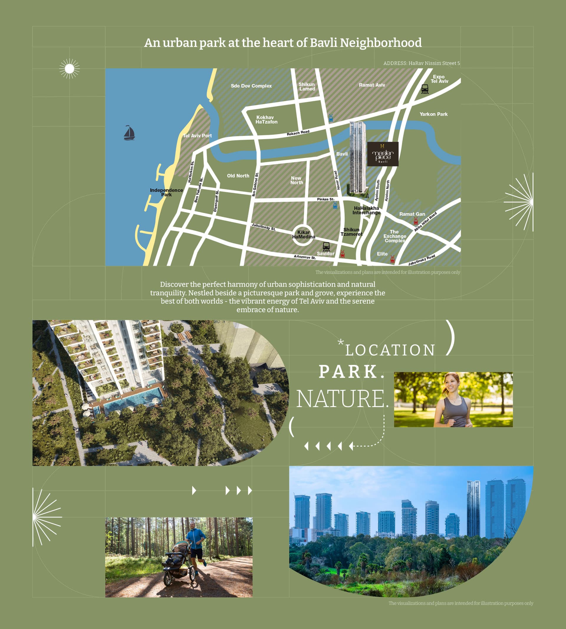 Enjoy urban life at the heart of a verdant expanse. Feel nature right at your doorstep, living next to a park and a natural grove. A perfect combination for those of you who aren’t willing to give up either Tel Aviv or living in a green landscape.